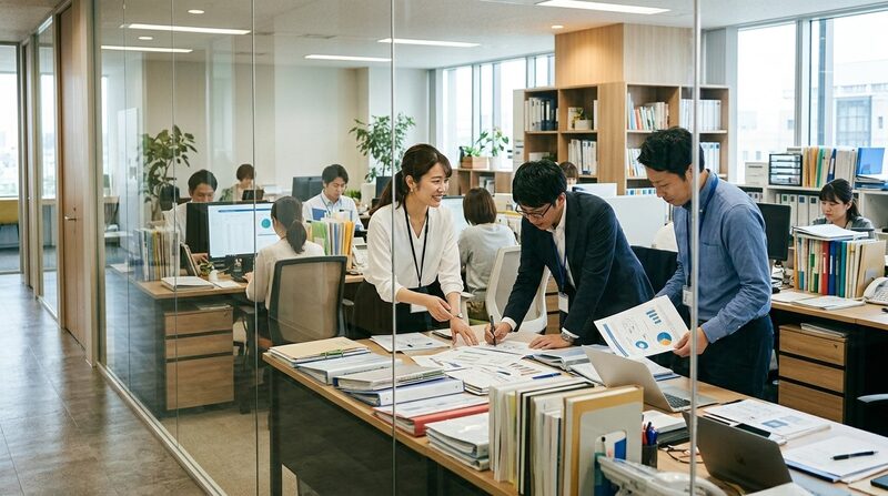 ガラス越しのオフィス風景