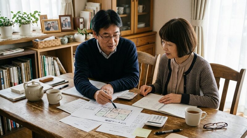 夫婦で資料を広げて相談