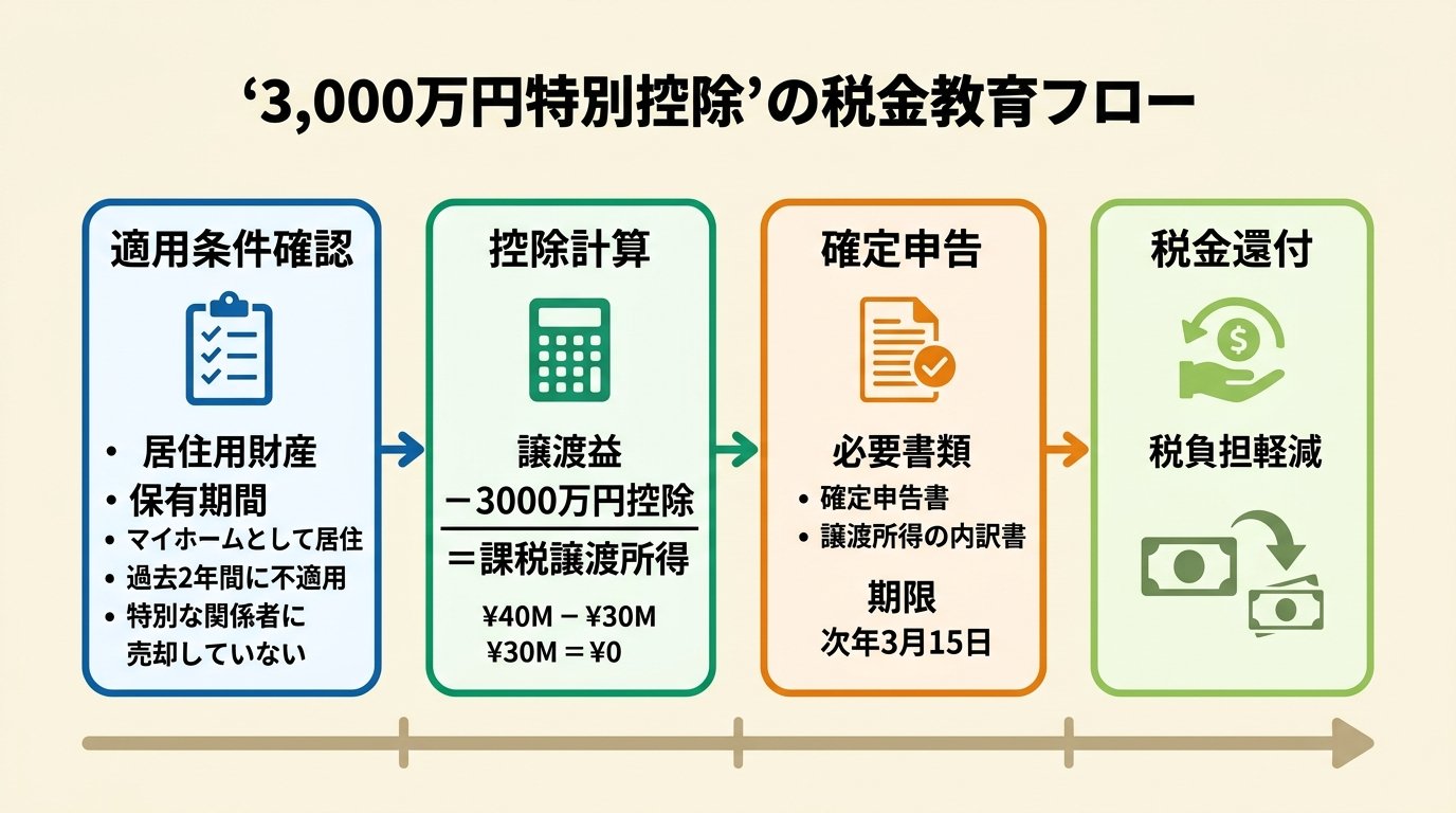 3,000万円特別控除の税金教育フロー — 適用条件確認から税金還付まで