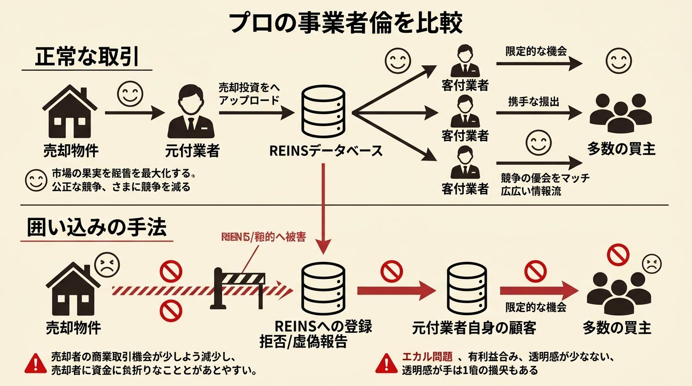 正常な取引と囲い込みの手法の比較図