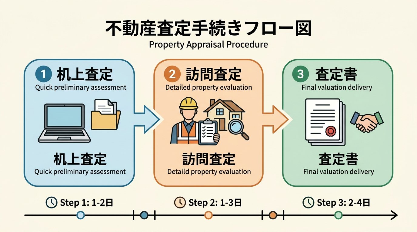 不動産査定手続きフロー図 — 机上査定・訪問査定・査定書