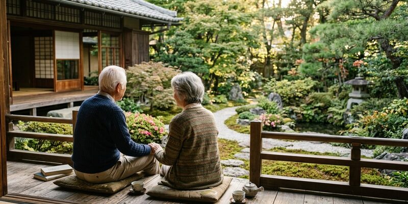 シニア夫婦が庭を眺める風景